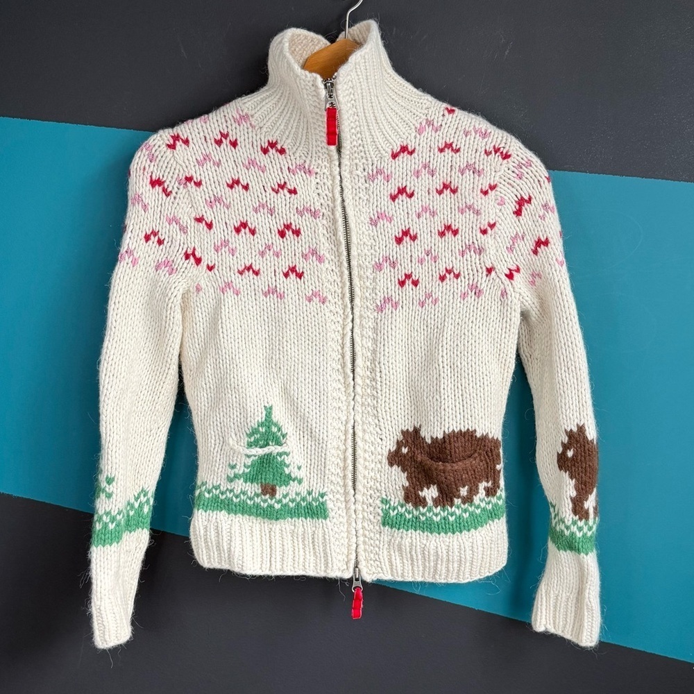 American Eagle Outfitters Cream Zip-Up Cardigan with Green, Brown & Pink Motifs